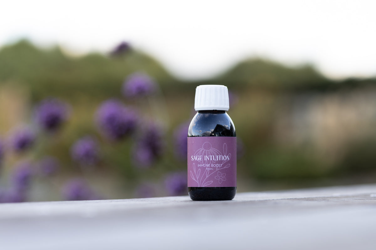 Sage Intuition Immune Boost herbal tincture bottle with a purple label and white cap, pictured outdoors.