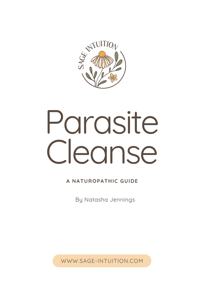 Parasite Cleanse: A Naturopathic Guide eBook cover by Natasha Jennings, featuring the Sage Intuition floral logo on a white background.