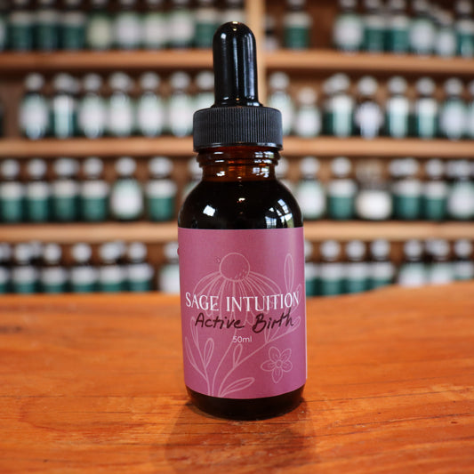 active birth tincture blend sage intuition bottle on wooden shelves