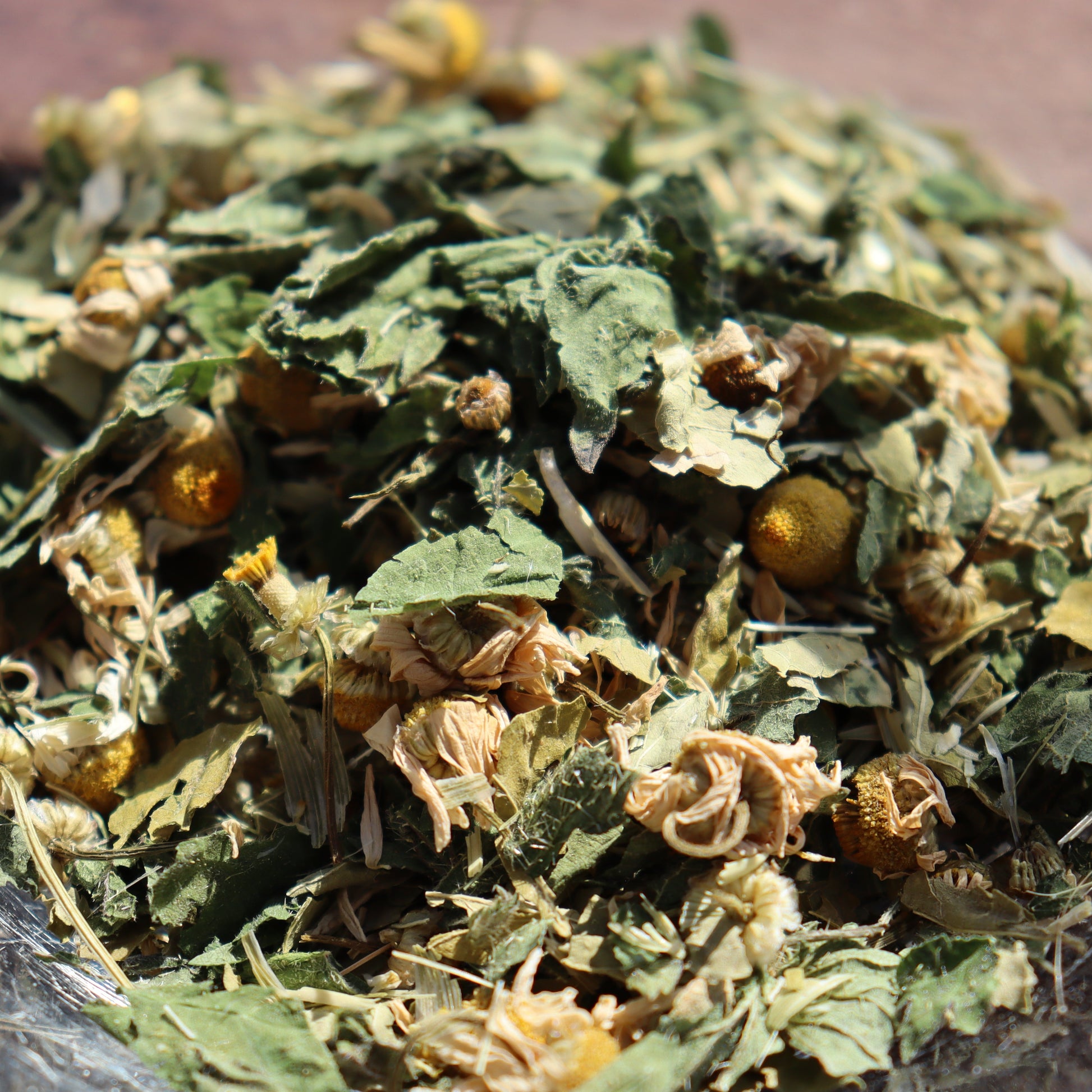 Dried herbs and leaves on a wooden surface