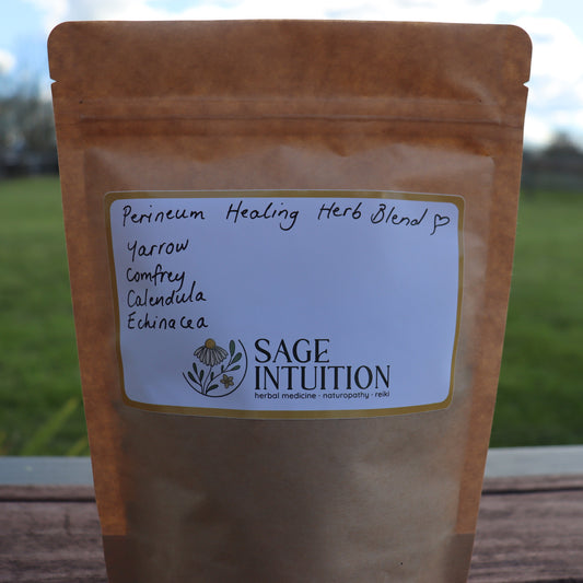 Herbal blend package with 'Sage Intuition' label against a natural background