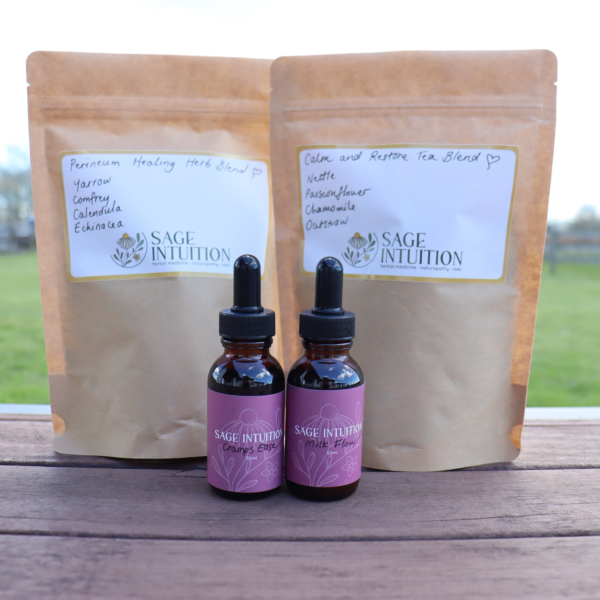 Two bottles of Sage Intuition product on a wooden surface with two brown bags in the background.