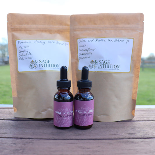 Two bottles of Sage Intuition product on a wooden surface with two brown bags in the background.